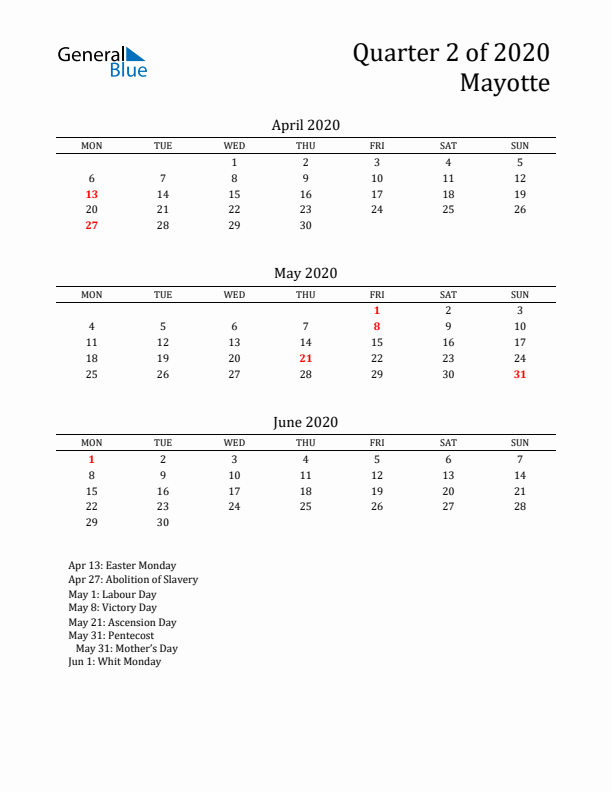 Quarter 2 2020 Mayotte Quarterly Calendar