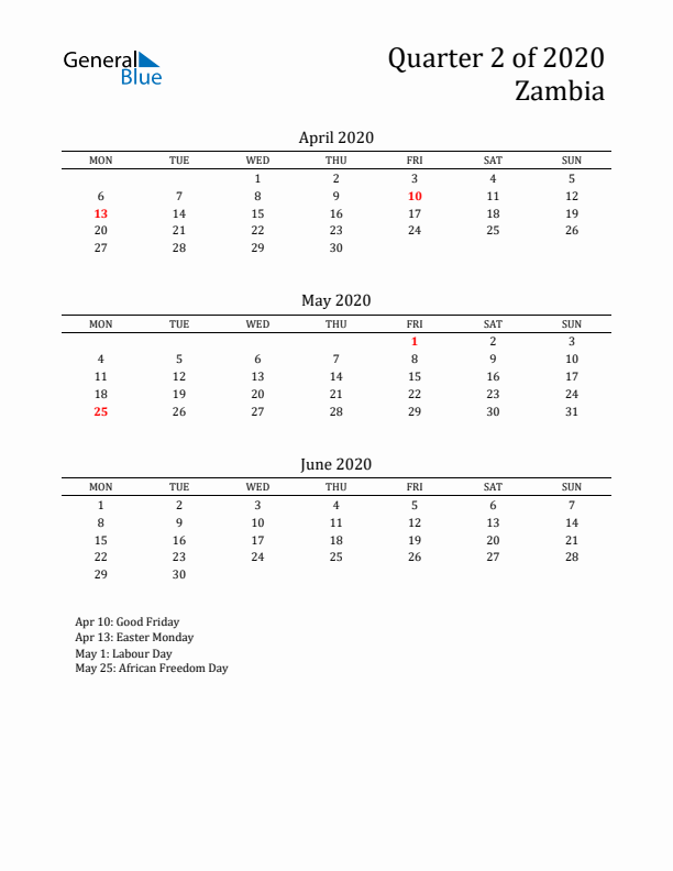 Quarter 2 2020 Zambia Quarterly Calendar