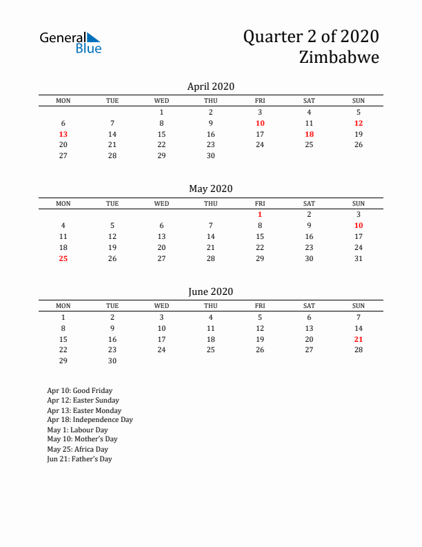 Quarter 2 2020 Zimbabwe Quarterly Calendar