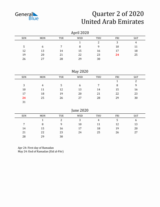 Quarter 2 2020 United Arab Emirates Quarterly Calendar