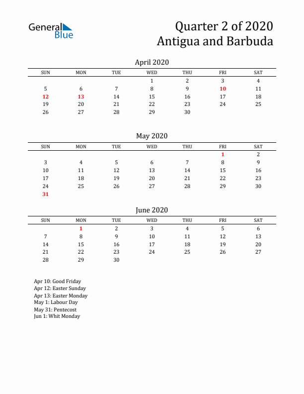 Quarter 2 2020 Antigua and Barbuda Quarterly Calendar