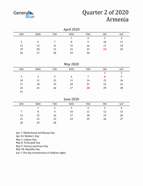 Quarter 2 2020 Armenia Quarterly Calendar