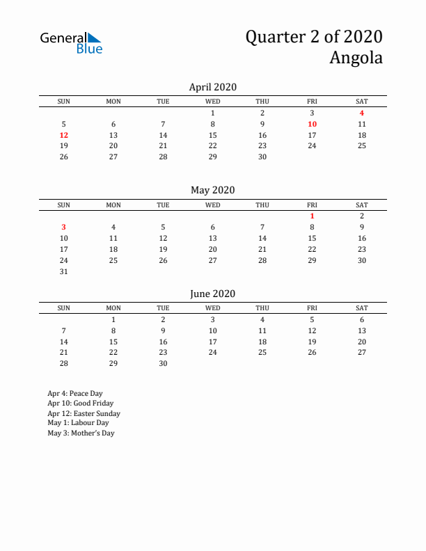 Quarter 2 2020 Angola Quarterly Calendar