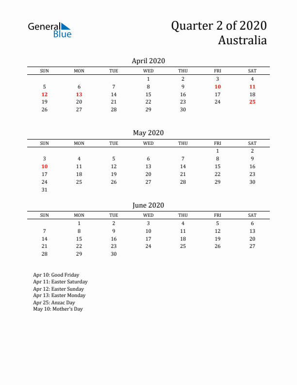 Quarter 2 2020 Australia Quarterly Calendar