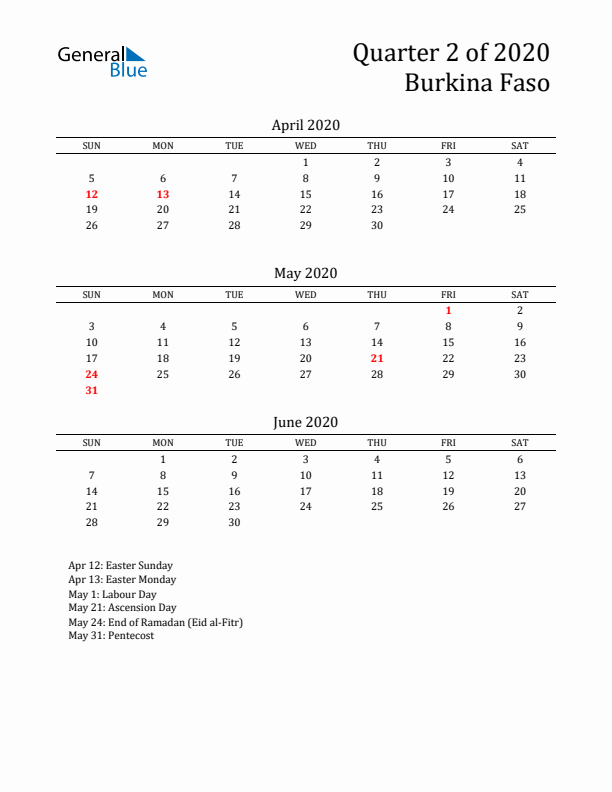 Quarter 2 2020 Burkina Faso Quarterly Calendar