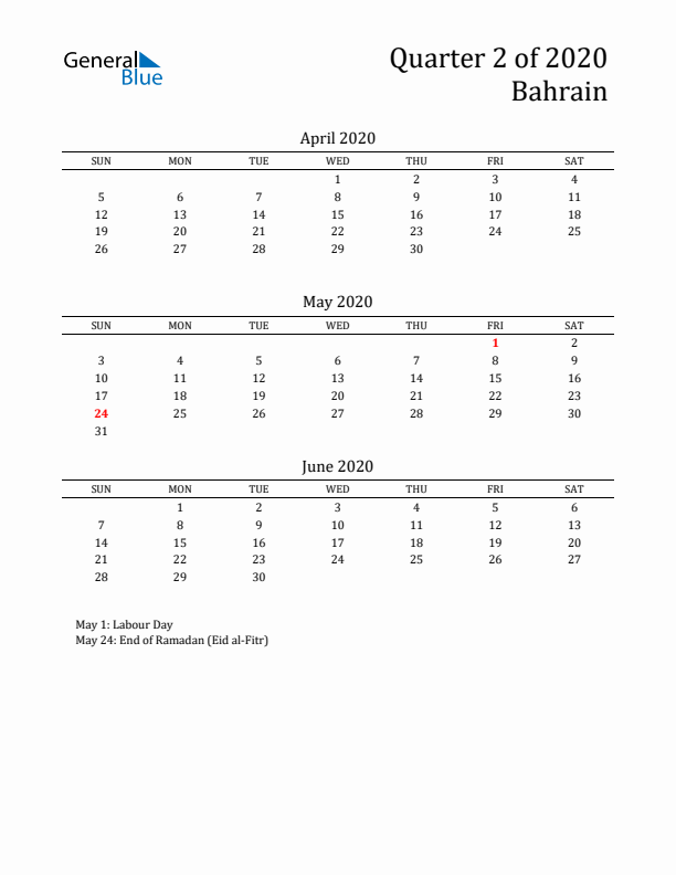 Quarter 2 2020 Bahrain Quarterly Calendar