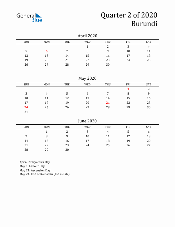 Quarter 2 2020 Burundi Quarterly Calendar