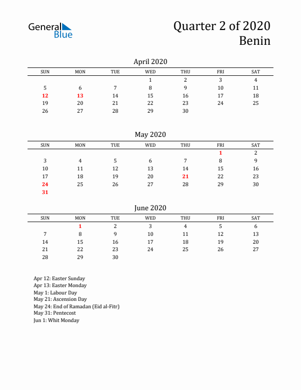 Quarter 2 2020 Benin Quarterly Calendar