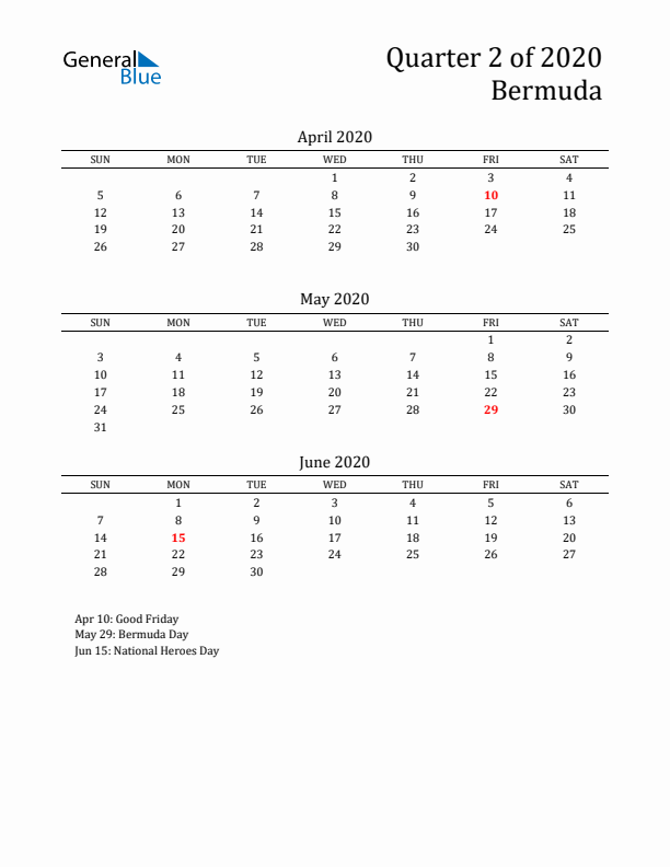 Quarter 2 2020 Bermuda Quarterly Calendar