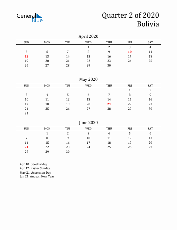 Quarter 2 2020 Bolivia Quarterly Calendar