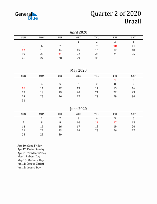 Quarter 2 2020 Brazil Quarterly Calendar