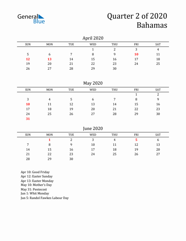 Quarter 2 2020 Bahamas Quarterly Calendar