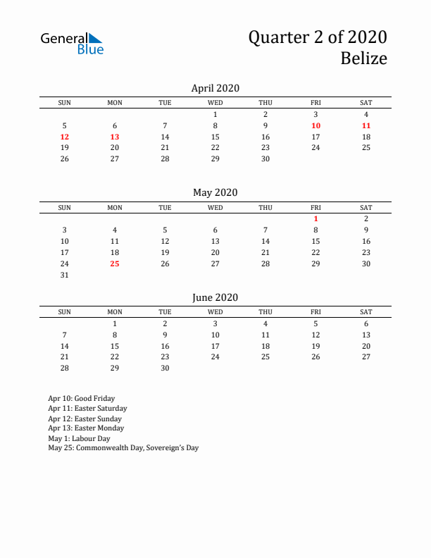 Quarter 2 2020 Belize Quarterly Calendar