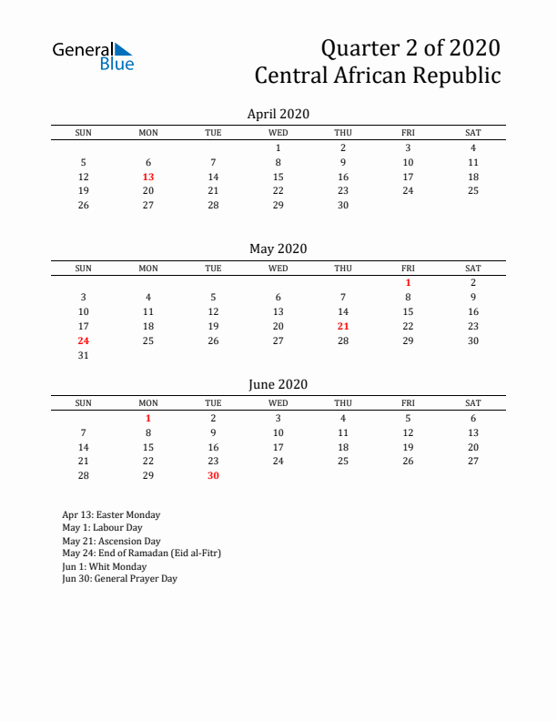 Quarter 2 2020 Central African Republic Quarterly Calendar