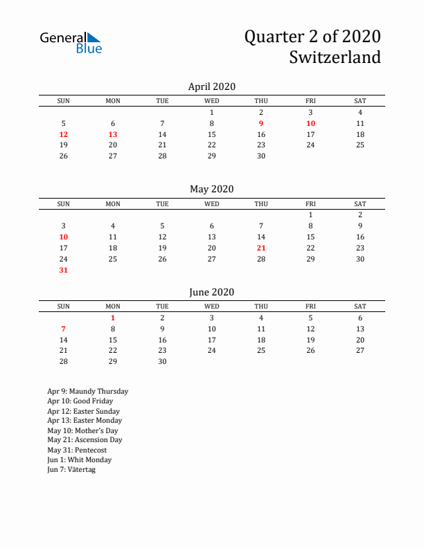 Quarter 2 2020 Switzerland Quarterly Calendar