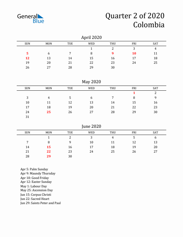 Quarter 2 2020 Colombia Quarterly Calendar