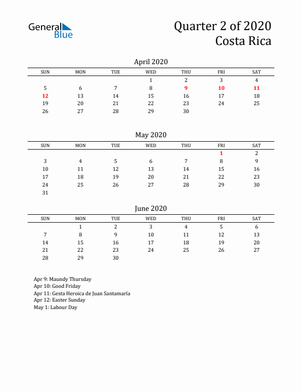 Quarter 2 2020 Costa Rica Quarterly Calendar