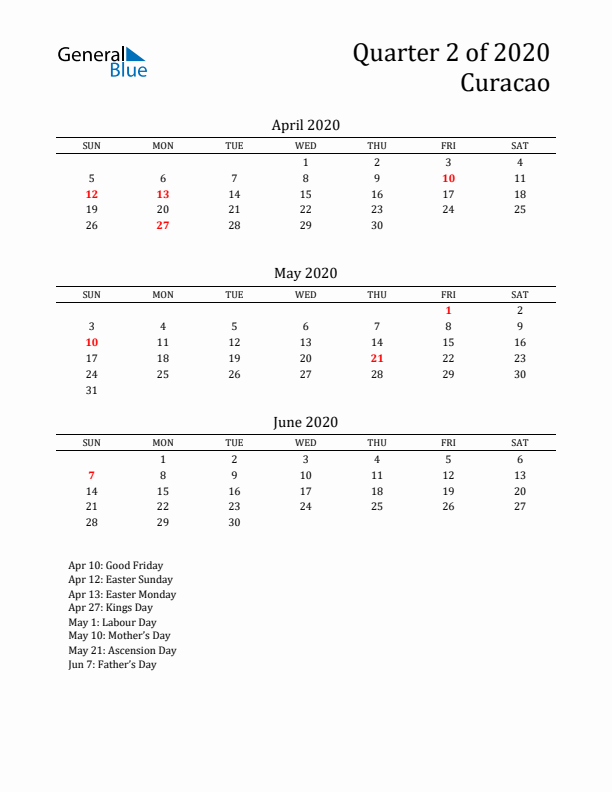 Quarter 2 2020 Curacao Quarterly Calendar