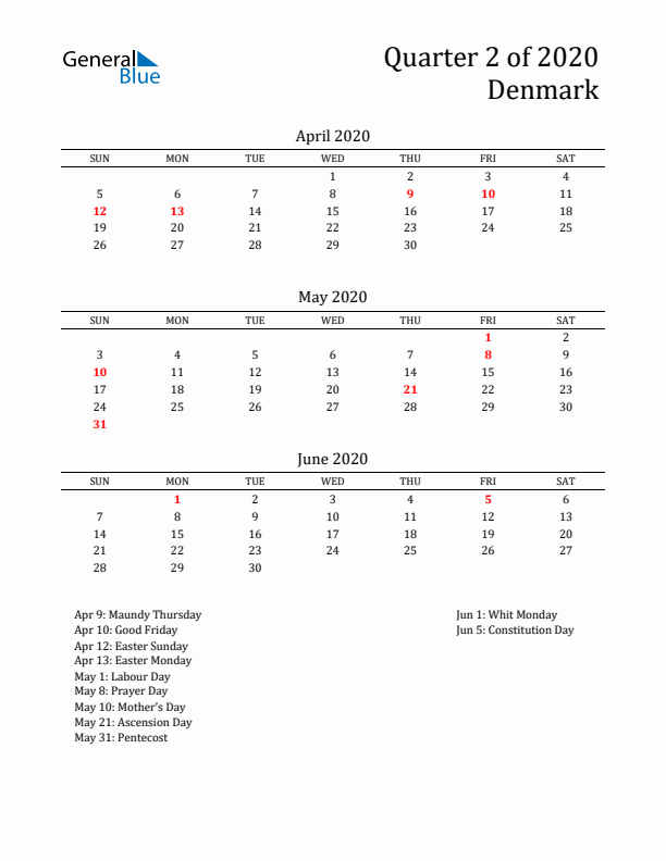 Quarter 2 2020 Denmark Quarterly Calendar