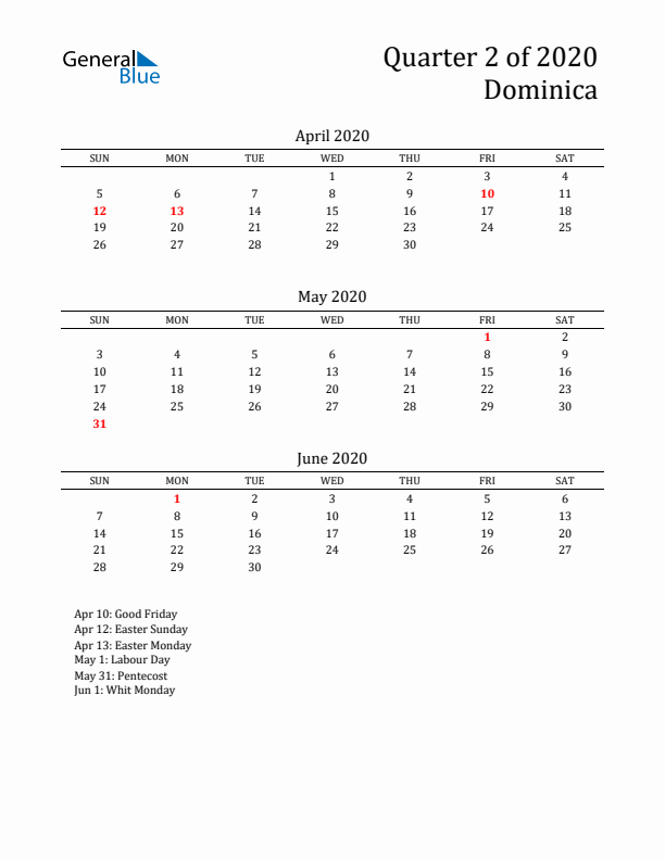 Quarter 2 2020 Dominica Quarterly Calendar