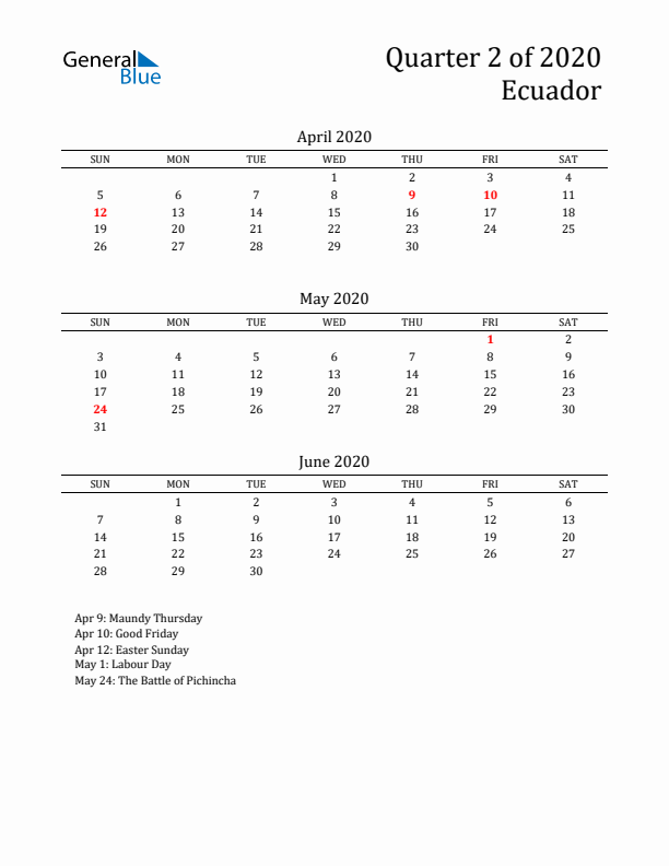 Quarter 2 2020 Ecuador Quarterly Calendar