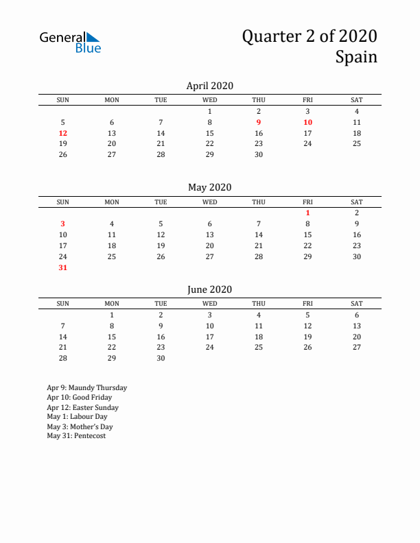 Quarter 2 2020 Spain Quarterly Calendar