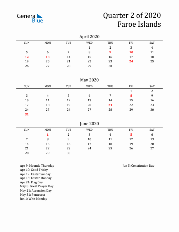 Quarter 2 2020 Faroe Islands Quarterly Calendar