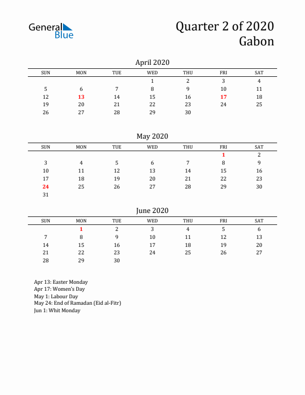 Quarter 2 2020 Gabon Quarterly Calendar