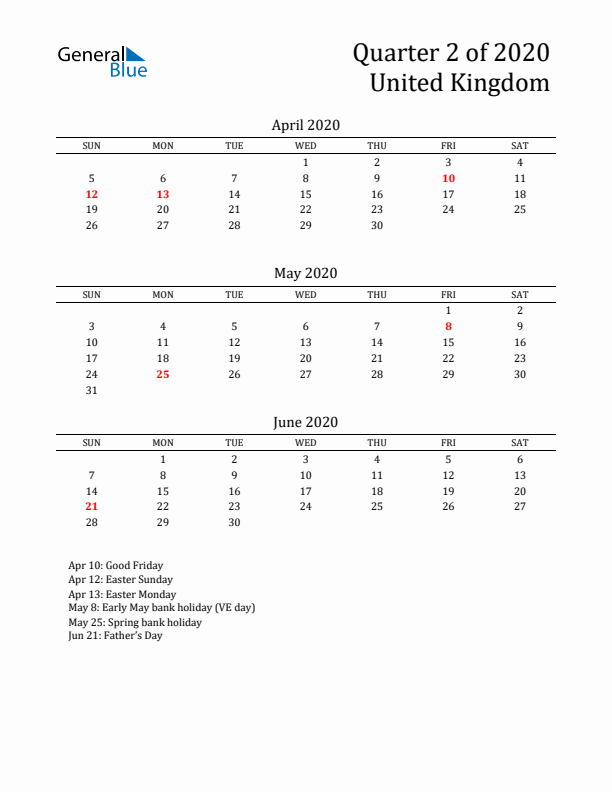 Quarter 2 2020 United Kingdom Quarterly Calendar