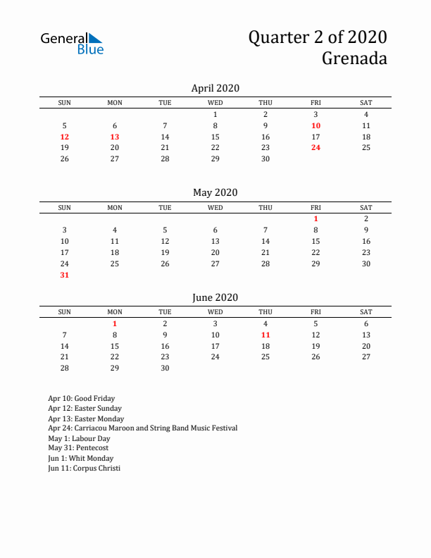 Quarter 2 2020 Grenada Quarterly Calendar