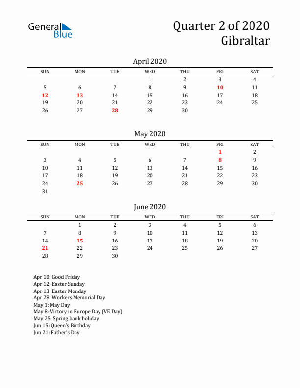 Quarter 2 2020 Gibraltar Quarterly Calendar