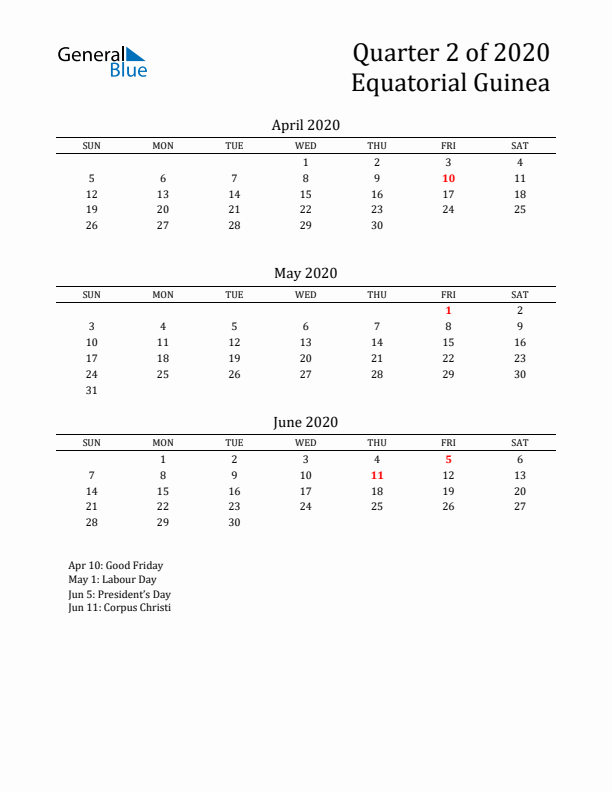 Quarter 2 2020 Equatorial Guinea Quarterly Calendar