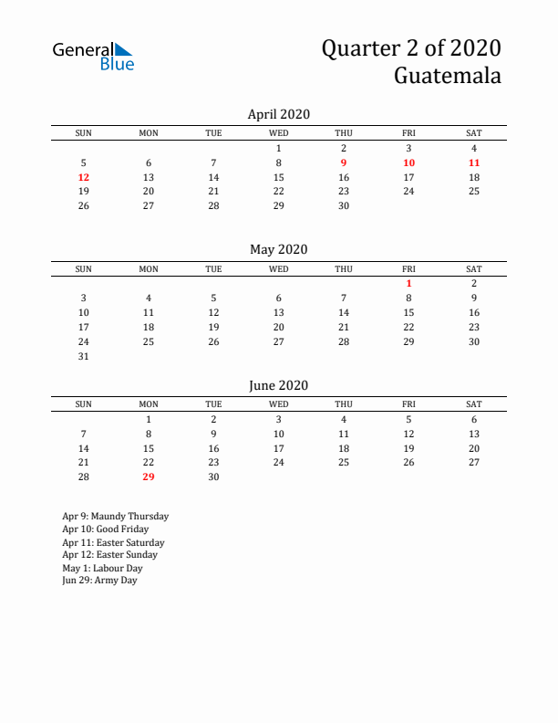 Quarter 2 2020 Guatemala Quarterly Calendar