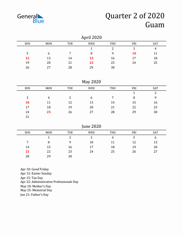 Quarter 2 2020 Guam Quarterly Calendar