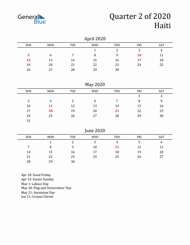 Quarter 2 2020 Haiti Quarterly Calendar