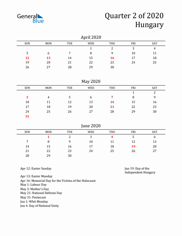 Quarter 2 2020 Hungary Quarterly Calendar