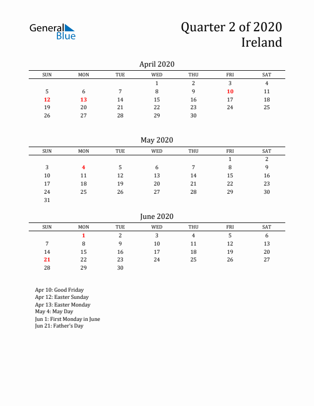 Quarter 2 2020 Ireland Quarterly Calendar