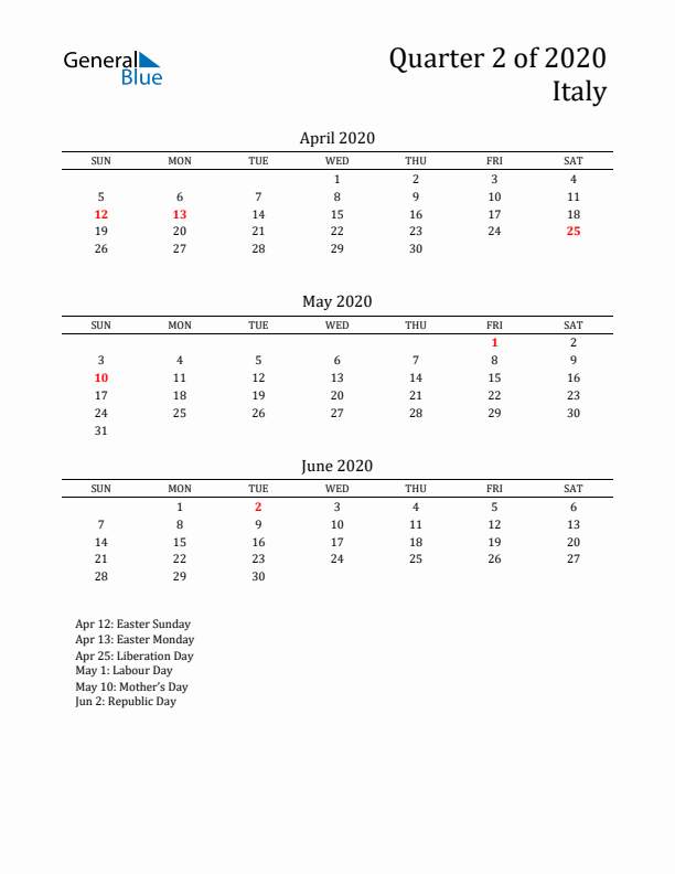 Quarter 2 2020 Italy Quarterly Calendar