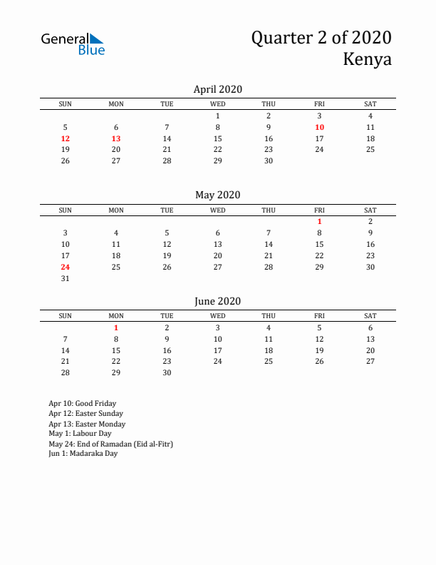 Quarter 2 2020 Kenya Quarterly Calendar