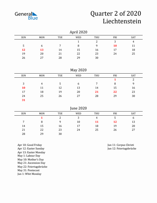 Quarter 2 2020 Liechtenstein Quarterly Calendar