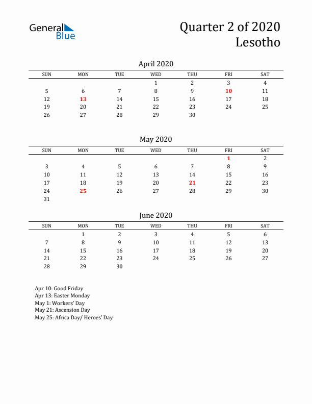 Quarter 2 2020 Lesotho Quarterly Calendar