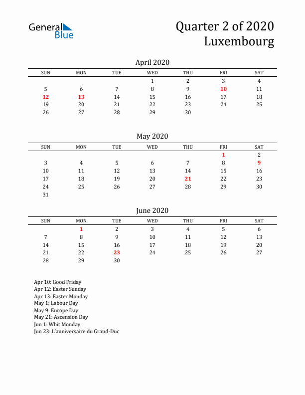 Quarter 2 2020 Luxembourg Quarterly Calendar