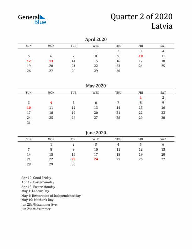 Quarter 2 2020 Latvia Quarterly Calendar