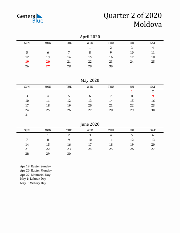 Quarter 2 2020 Moldova Quarterly Calendar