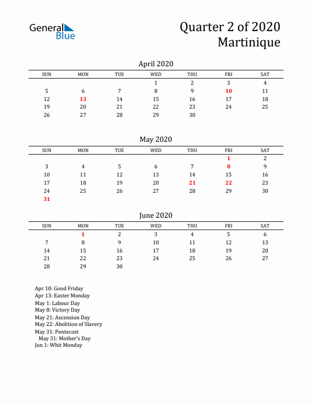 Quarter 2 2020 Martinique Quarterly Calendar