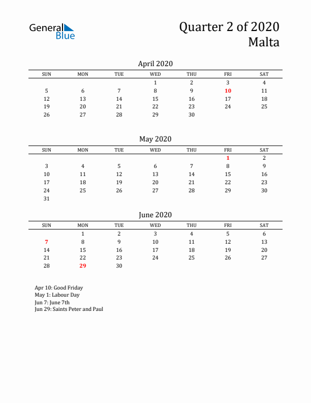 Quarter 2 2020 Malta Quarterly Calendar