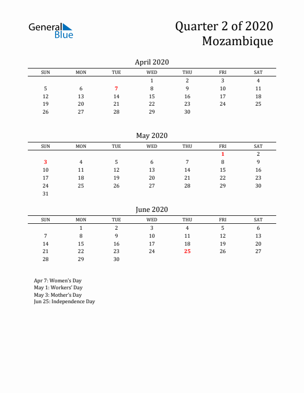 Quarter 2 2020 Mozambique Quarterly Calendar