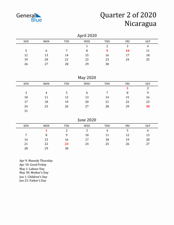 Quarter 2 2020 Nicaragua Quarterly Calendar