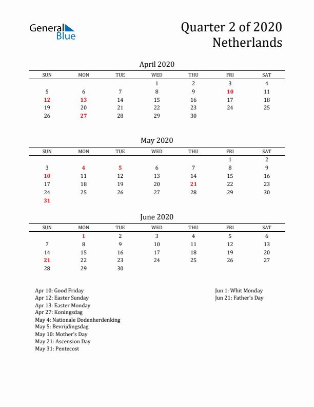 Quarter 2 2020 The Netherlands Quarterly Calendar