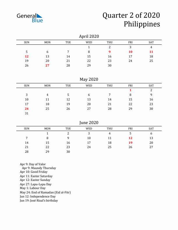 Quarter 2 2020 Philippines Quarterly Calendar